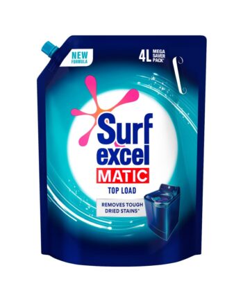 Surf Excel Matic Top Load Liquid Detergent 4L Refill Pouch, Specially designed to remove Tough Dried Stains, 1st time in Washing Machine