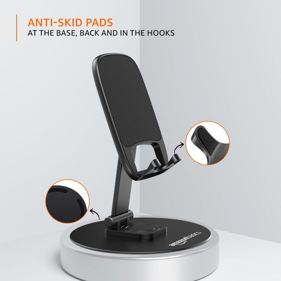 amazon basics Rotatable and Foldable Tabletop Mobile Stand with Stable Metalic Round Base, Multiple adjustments of Height and Angle Phone Stand, for Smartphones, Tablets, Kindles and for iPad - Image 3