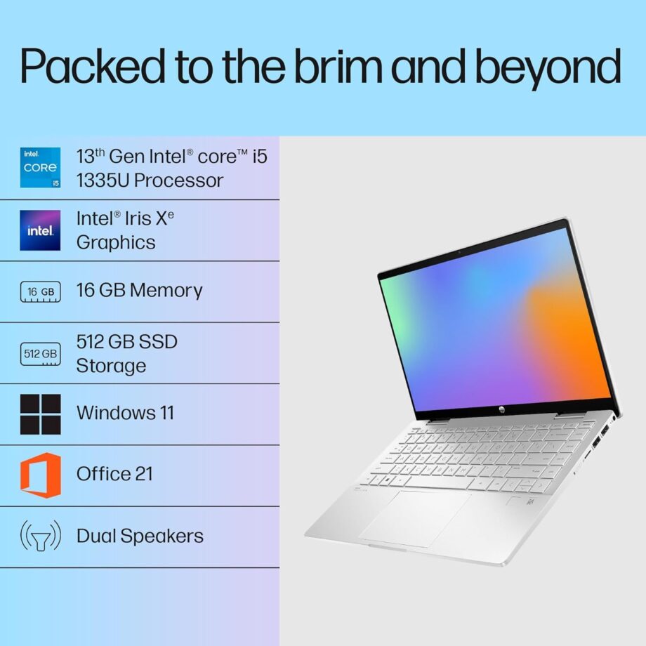 HP Pavilion x360, 13th Gen Intel Core i5-1335U (16GB DDR4, 512GB SSD) FHD, IPS, Micro-Edge, 14"/35.6cm, Touchscreen 2-in-1, Win11, Office21, Silver, 1.51kg, ek1074TU, Iris Xe, FPR, 5MP Camera Laptop - Image 2