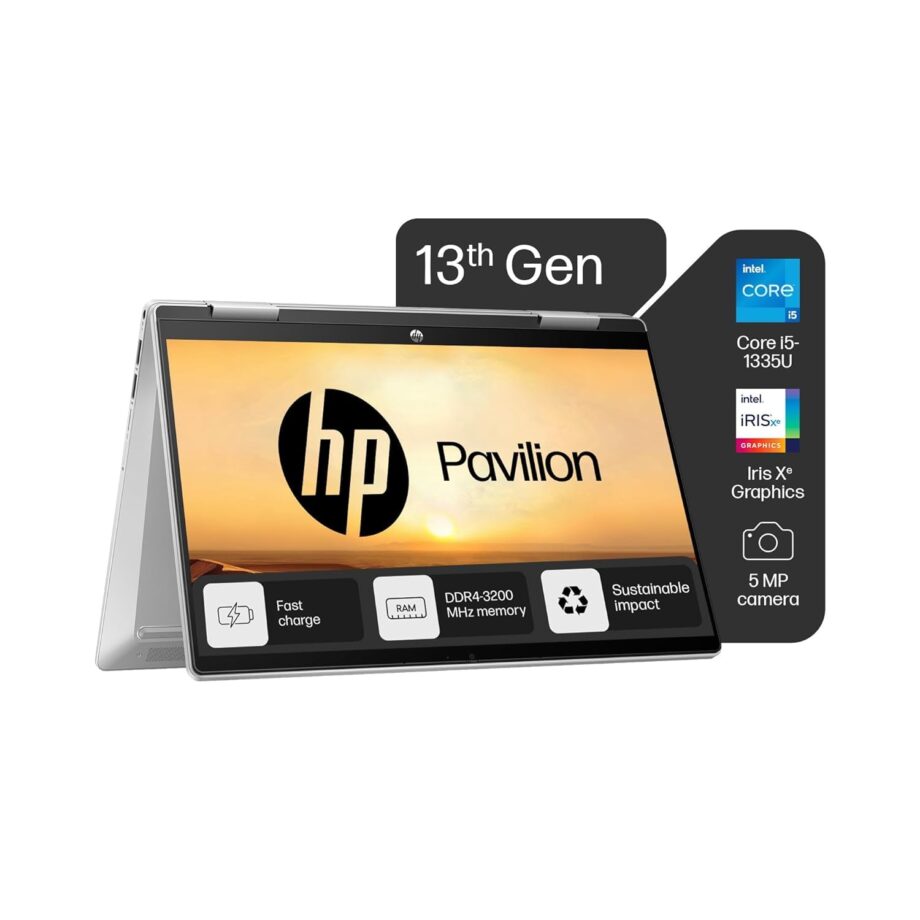 HP Pavilion x360, 13th Gen Intel Core i5-1335U (16GB DDR4, 512GB SSD) FHD, IPS, Micro-Edge, 14"/35.6cm, Touchscreen 2-in-1, Win11, Office21, Silver, 1.51kg, ek1074TU, Iris Xe, FPR, 5MP Camera Laptop