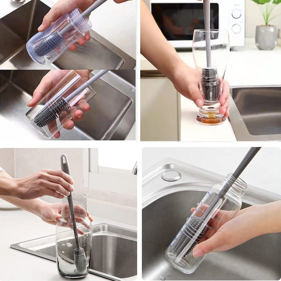 VYOOx Long Handle Silicone Bottle Cleaner Brush for Washing Water Bottle, Solution Bottle, Mug. Cleaning Brush ((Pack of 1) (Color - Grey))
