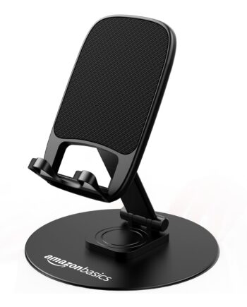 amazon basics Rotatable and Foldable Tabletop Mobile Stand with Stable Metalic Round Base, Multiple adjustments of Height and Angle Phone Stand, for Smartphones, Tablets, Kindles and for iPad
