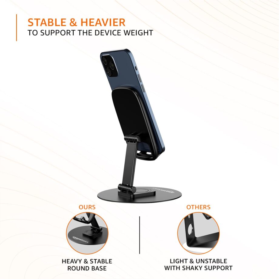 amazon basics Rotatable and Foldable Tabletop Mobile Stand with Stable Metalic Round Base, Multiple adjustments of Height and Angle Phone Stand, for Smartphones, Tablets, Kindles and for iPad - Image 7