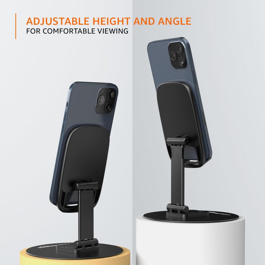 amazon basics Rotatable and Foldable Tabletop Mobile Stand with Stable Metalic Round Base, Multiple adjustments of Height and Angle Phone Stand, for Smartphones, Tablets, Kindles and for iPad - Image 4