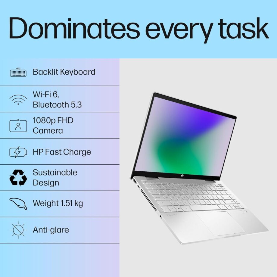 HP Pavilion x360, 13th Gen Intel Core i5-1335U (16GB DDR4, 512GB SSD) FHD, IPS, Micro-Edge, 14"/35.6cm, Touchscreen 2-in-1, Win11, Office21, Silver, 1.51kg, ek1074TU, Iris Xe, FPR, 5MP Camera Laptop - Image 3