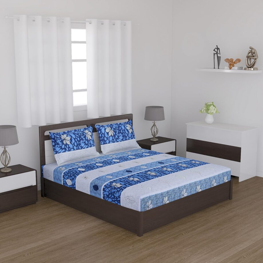 Status Contract Cotton Rich Double Bedsheet with 2 Pillow Covers for Bed Room, Home, Hotel-120 GSM (Blue Stripes) - Image 2