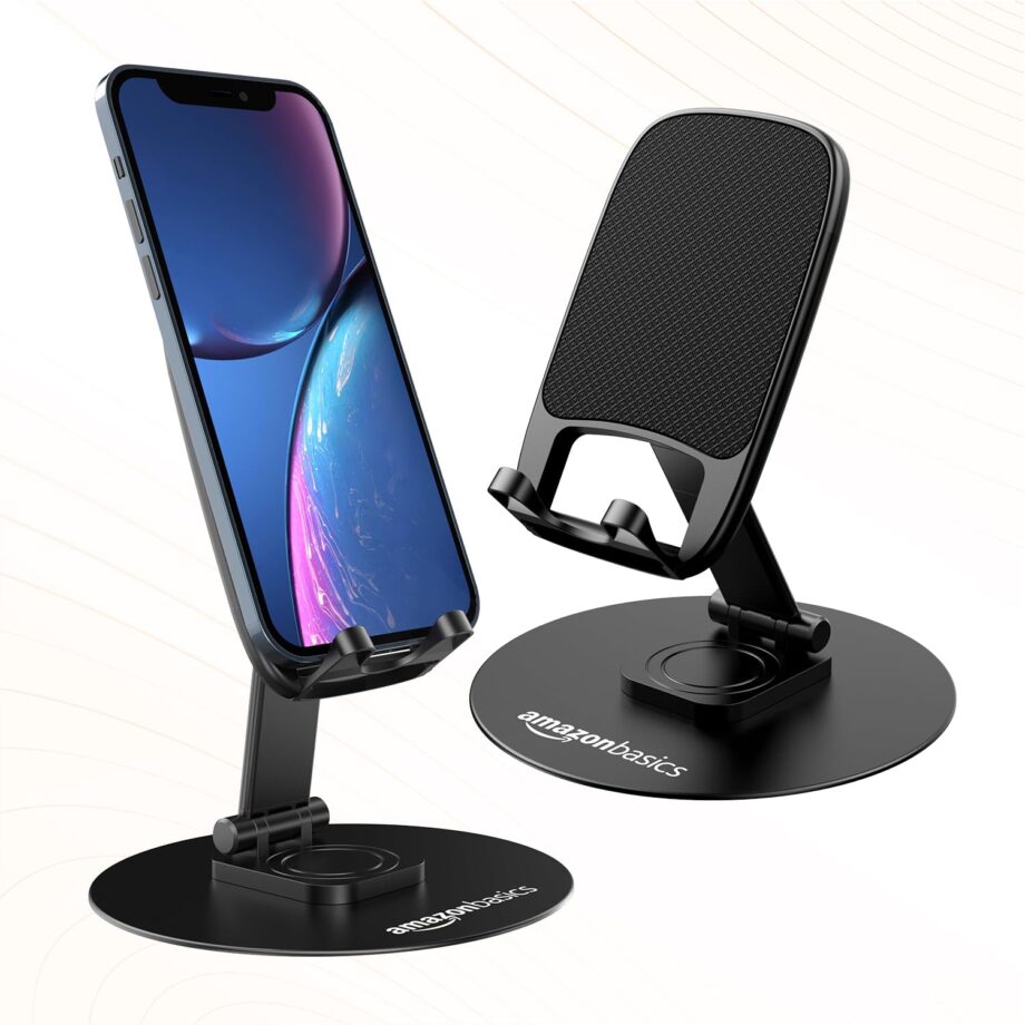 amazon basics Rotatable and Foldable Tabletop Mobile Stand with Stable Metalic Round Base, Multiple adjustments of Height and Angle Phone Stand, for Smartphones, Tablets, Kindles and for iPad - Image 2