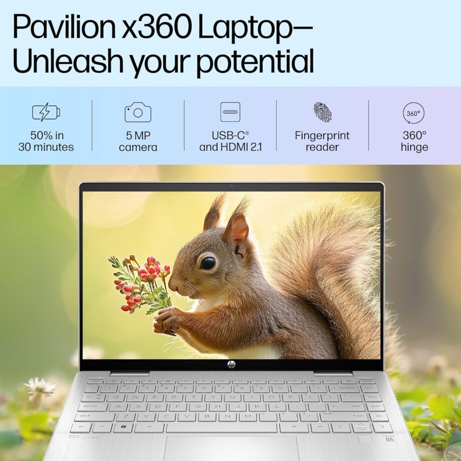 HP Pavilion x360, 13th Gen Intel Core i5-1335U (16GB DDR4, 512GB SSD) FHD, IPS, Micro-Edge, 14"/35.6cm, Touchscreen 2-in-1, Win11, Office21, Silver, 1.51kg, ek1074TU, Iris Xe, FPR, 5MP Camera Laptop - Image 4