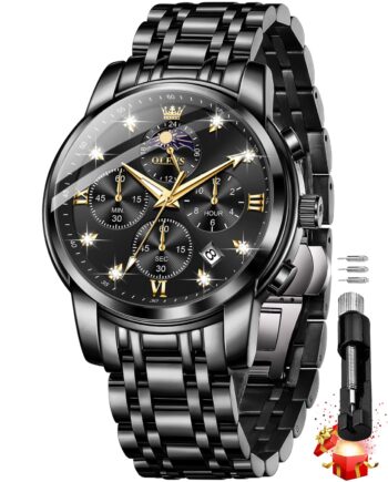 OLEVS Chronograph Watches for Men Original Analog Quartz Black Stainless Steel Chain Luxury Dual Time Zone Moon Phase Date Waterproof Men's Wrist Watch