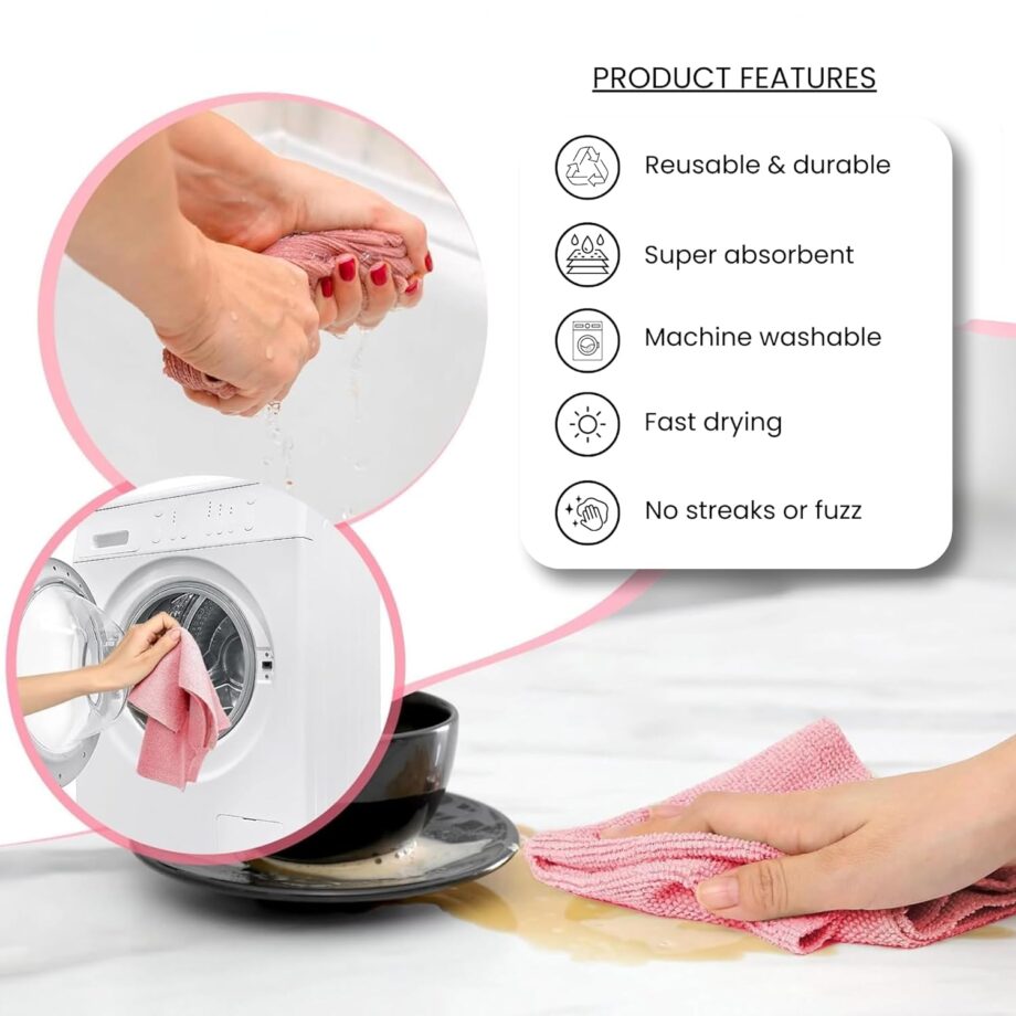 Shop Home Essentials Reusable Microfiber Cleaning And Drying Wipes, Pack Of 20 (Pink) Lint Free Cloth, Washable All Purpose Wash Cloth For Kitchen, Car, House, Office (Pink, 2 Boxes) - Image 5