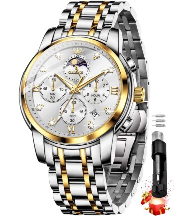 OLEVS Chronograph Watches for Men Original Analog Quartz Black Stainless Steel Chain Luxury Dual Time Zone Moon Phase Date Waterproof Men's Wrist Watch