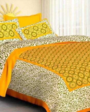 RajasthaniKart® Pure 100% Cotton Double Bed Sheet with 2 Pillow Covers (Bedsheet for Double Bed Cotton, Yellow Golla Jaipuri, King Size,5232)