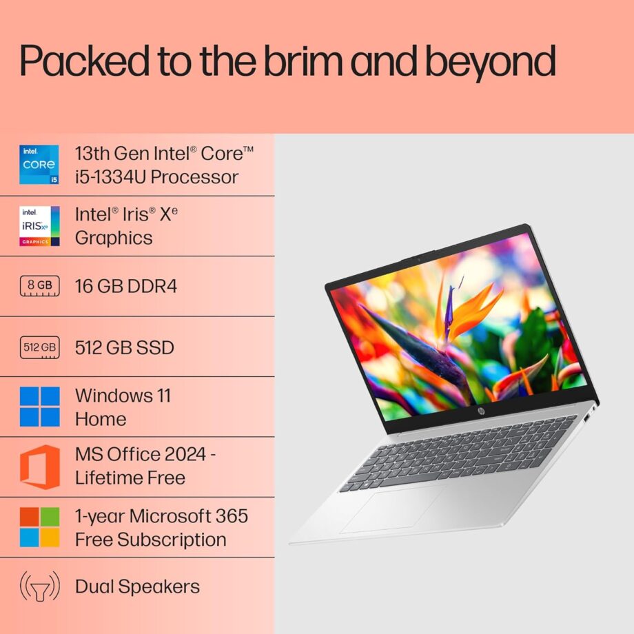 HP 15, 13th Gen Intel Core i5-1335U (16GB DDR4, 512GB SSD) FHD, Anti-Glare, Micro-Edge, 15.6''/39.6cm, Win11, M365 Basic(1yr)* Office24, Silver,1.59kg, fd0577TU, Iris Xe, FHD Camera w/Shutter Laptop - Image 2