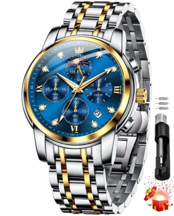 OLEVS Chronograph Watches for Men Original Analog Quartz Black Stainless Steel Chain Luxury Dual Time Zone Moon Phase Date Waterproof Men's Wrist Watch