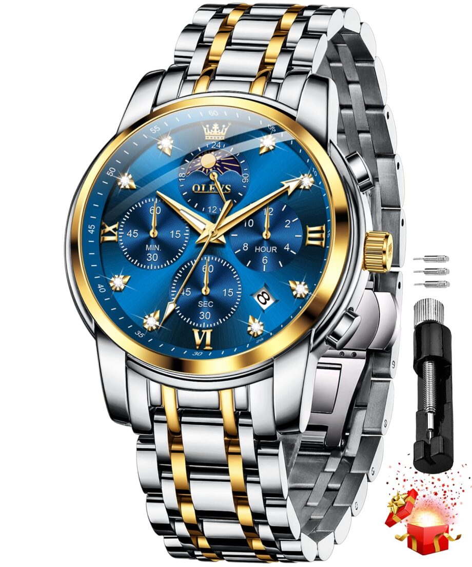 OLEVS Chronograph Watches for Men Original Analog Quartz Black Stainless Steel Chain Luxury Dual Time Zone Moon Phase Date Waterproof Men's Wrist Watch