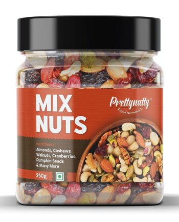 PrettyNutty Healthy Nutmix 250g, Dried Almonds, Black Raisins, Cashewnuts, Cranberries, Green Raisins, Walnut Kernels & Many More.