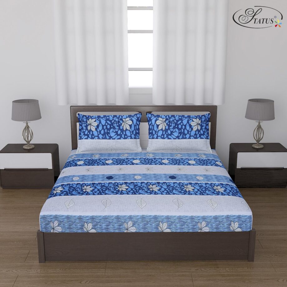 Status Contract Cotton Rich Double Bedsheet with 2 Pillow Covers for Bed Room, Home, Hotel-120 GSM (Blue Stripes)