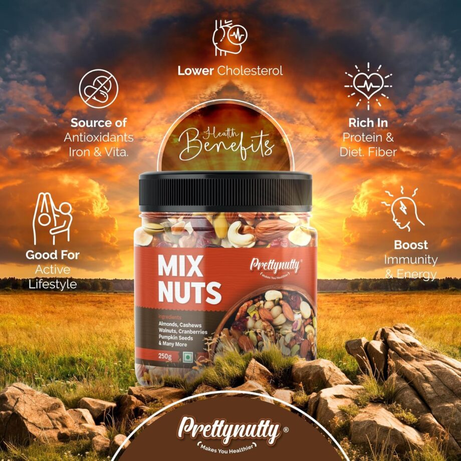 PrettyNutty Healthy Nutmix 250g, Dried Almonds, Black Raisins, Cashewnuts, Cranberries, Green Raisins, Walnut Kernels & Many More. - Image 3