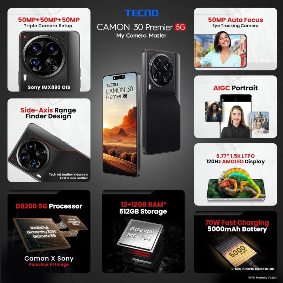 Tecno CAMON 30 Premier 5G (Lava Black, 12GB+512GB) | 50 MP Camera | 6.77" LTPO AMOLED Display | MediaTek Dimensity 8200 | 5000mAh Battary + 70W Charger| PolarAce Image Processor - Image 2