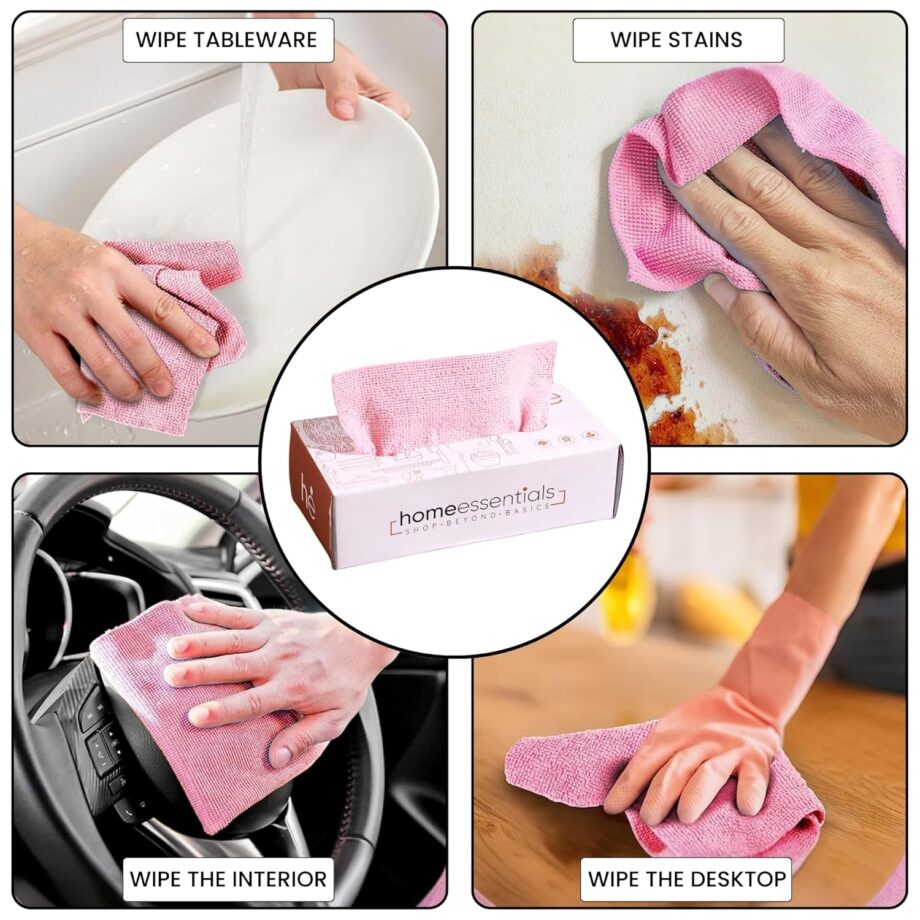 Shop Home Essentials Reusable Microfiber Cleaning And Drying Wipes, Pack Of 20 (Pink) Lint Free Cloth, Washable All Purpose Wash Cloth For Kitchen, Car, House, Office (Pink, 2 Boxes) - Image 6