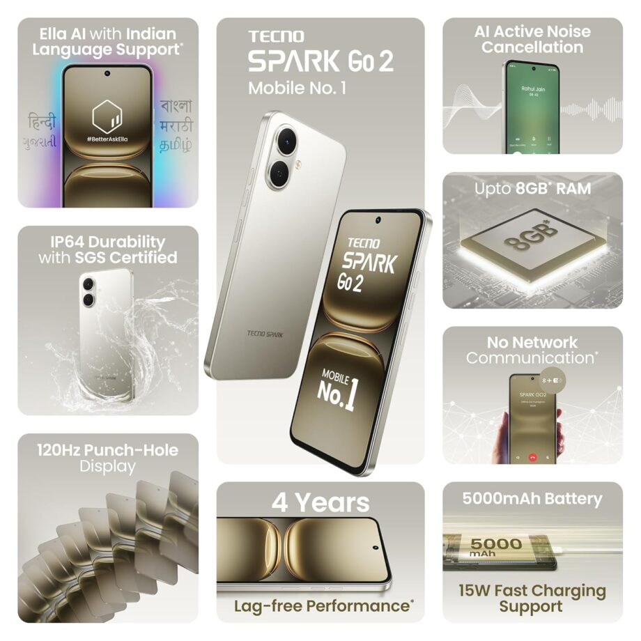 Spark GO 2 ( Titanium Grey, 4GB+64GB ) | Segment 1st IP64 SGS Certified | Segment's 1st AI with Indian Languages | Segment's 1st No Network Communications* | 120Hz Punch Hole Display | 5000mAh Battery - Image 2