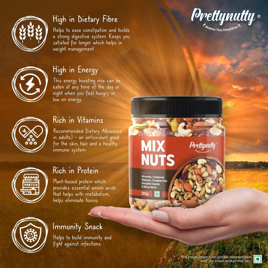 PrettyNutty Healthy Nutmix 250g, Dried Almonds, Black Raisins, Cashewnuts, Cranberries, Green Raisins, Walnut Kernels & Many More. - Image 4